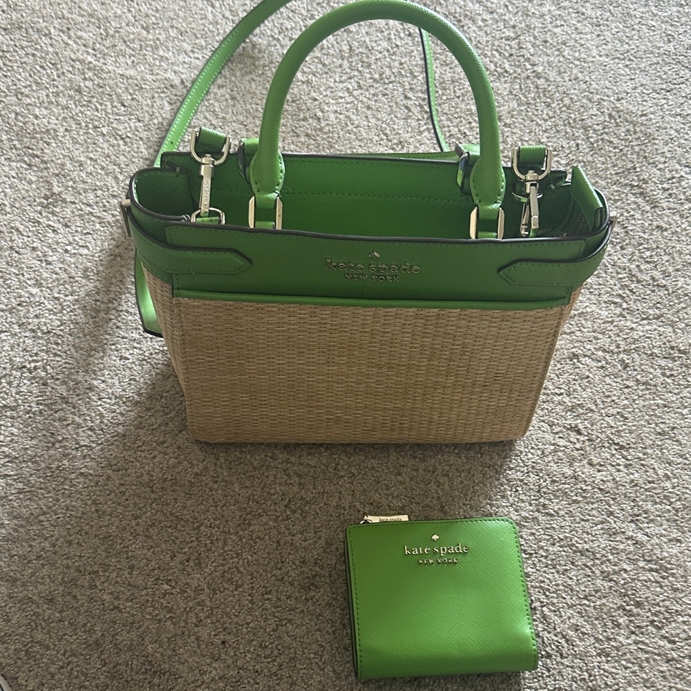 kate spade Green Straw Satchel  crossbody with Matching Green Wallet
